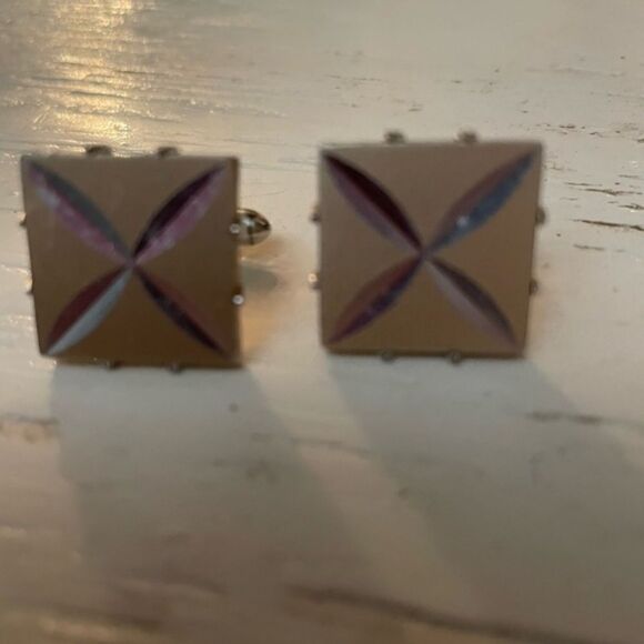 Vintage Mid-century 1950s Swank gold w/silver Atomic pattern square cuff links - Picture 6 of 12